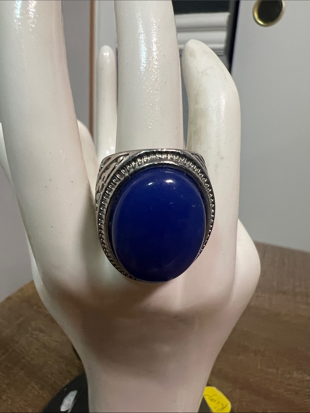 Silver Men's Statement Ring with Blue Oval Stone